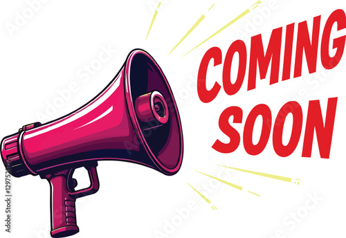Trendy coming soon web release announcement background with megaphone