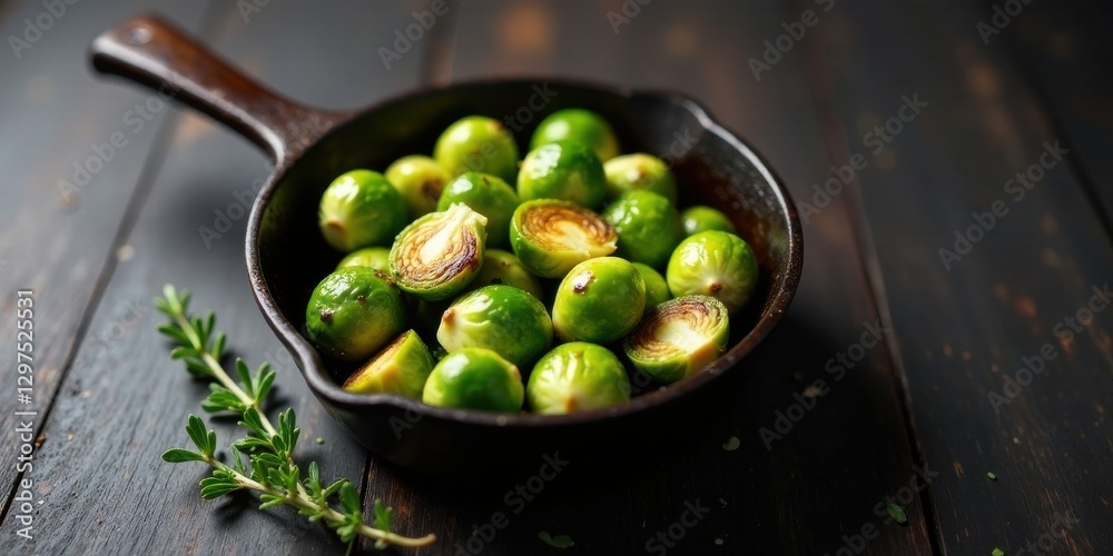 Roasted Brussels Sprouts in a Rustic Cast Iron Pan with Fresh Herbs Roasted Brussels Sprouts in a Rustic Cast Iron Pan with Fresh Herbs