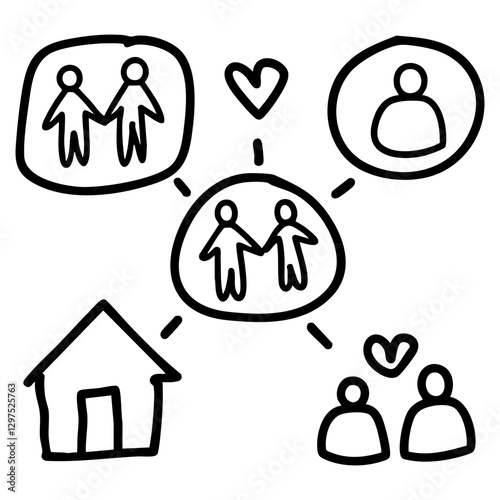 community doodle icon containing people friendship. hand drawn line art business and community volunteer connection.