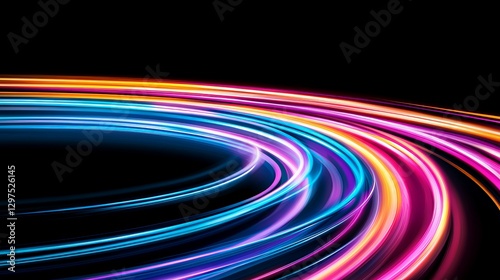 Abstract neon light trails in vibrant pink purple and blue forming circular motion patterns with futuristic energy and digital wave concept in high resolution vector background