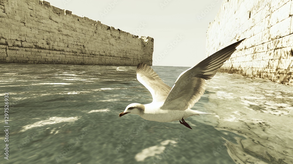 Seagull in Flight Over Calm Ocean Near Ancient Stone Walls Seagull in Flight Over Calm Ocean Near Ancient Stone Walls