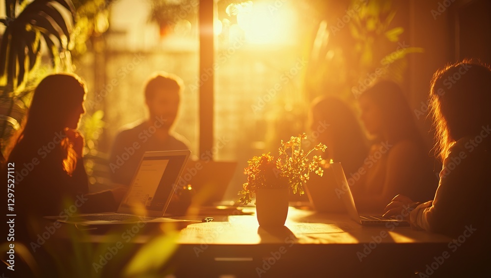 Fototapeta premium Silhouetted Group Meeting in Sunlit Cafe