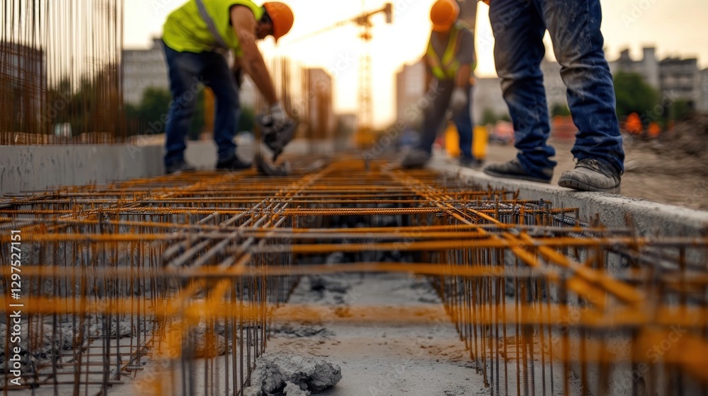Construction workers pouring concrete and setting rebar during sunset in an urban area Construction workers pouring concrete and setting rebar during sunset in an urban area