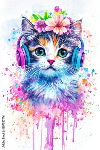 Cute kitten headphones floral watercolor splash background