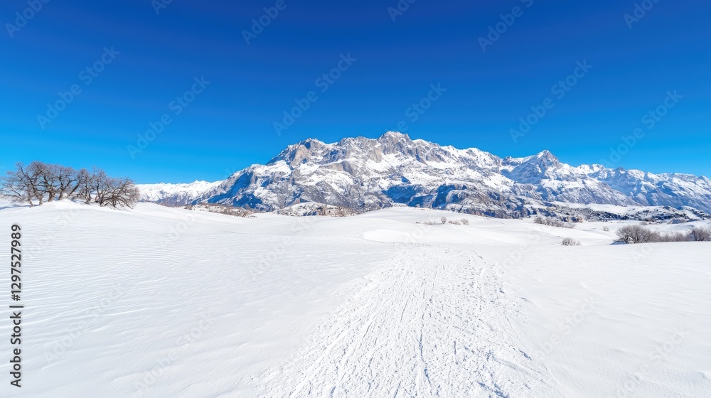 Obraz premium Snow-covered alpine field leads towards majestic snow-capped mountains under a clear blue sky on a bright winter day.