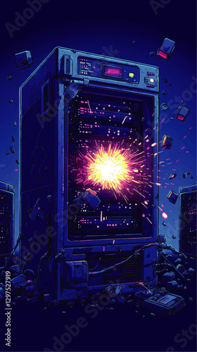 Exploding Server Room Vector Art: Detailed Cyberpunk Explosion in Data Center, Futuristic Technology Breakdown, Blue and Pink Digital Artwork with Debris