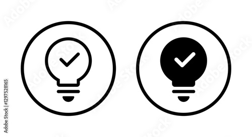 Insight, tip button icon on circle line. Light bulb with check mark symbol