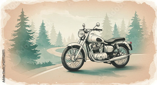 Vintage poster imitation with classic motorcycle standing on forest road. Classic bike in the forest.