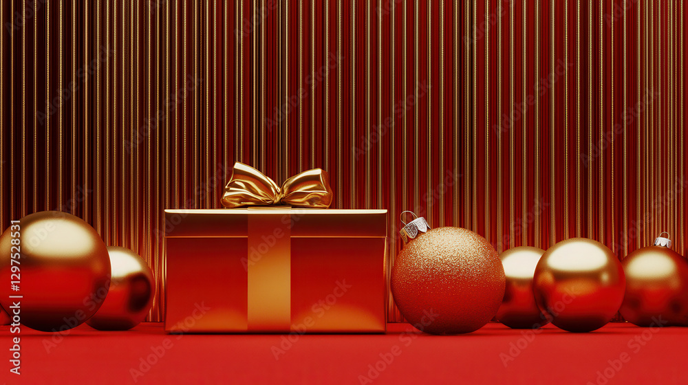 Golden Christmas Gift and Ornaments on Red Background Golden Christmas Gift and Ornaments on Red Background