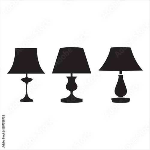 Black table lamp icon silhouette set, modern standing lamp shade collection 