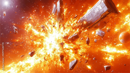 Epic Space Battle Vector Art: Exploding Spaceship Amidst Debris, Orange Cosmic Explosion, Sci-fi Universe, Astrophysical Phenomena, Surreal Digital Illustration
