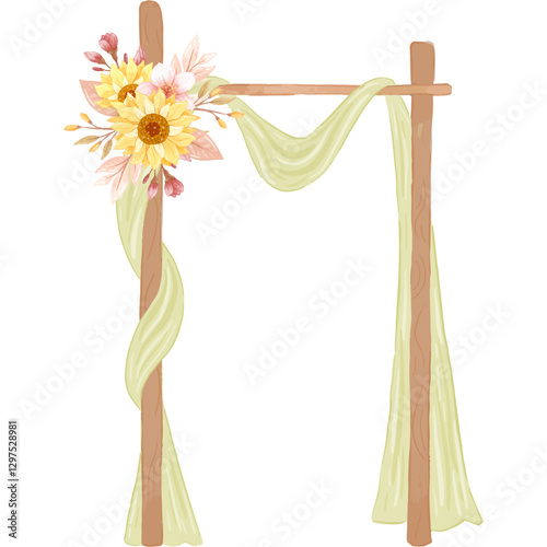 An elegant wedding arch with floral swags in a watercolor style, perfect for ceremonies