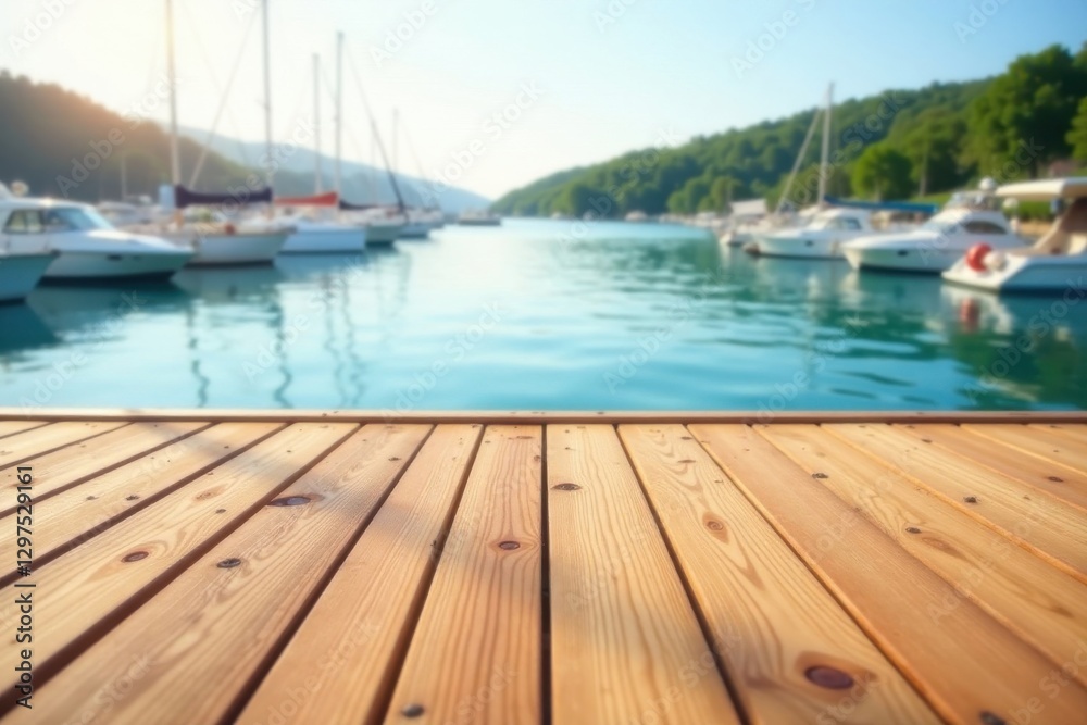 Fototapeta premium Serene Wooden Dock Overlooking a Calm Bay with Docked Sailboats on a Sunny Day