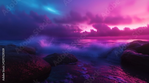 Vibrant sunset over rocky shoreline with crashing waves and dramatic cloud formations