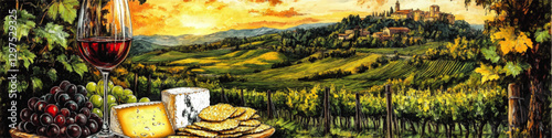 Vibrant Tuscany Vineyard Landscape With Wine Glass Grapes Cheese And Crackers Overlooking Sunset Hills And Rustic Village In Scenic Countryside