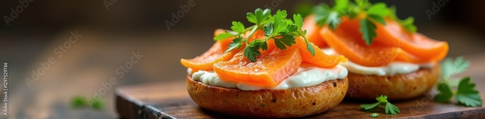 Smoked carrot vegan salmon on bagel with cashew cream cheese, food photography, bagel, white