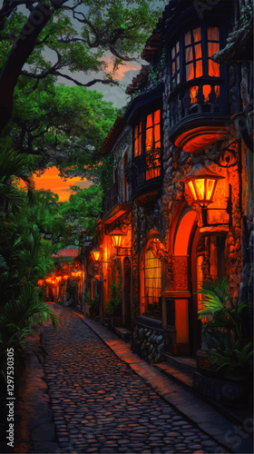 Captivating Scenic Vector Art of Cobblestone Street with Illuminated Rustic Stone Houses, Vintage Lanterns, and Lush Green Canopy at Dusk