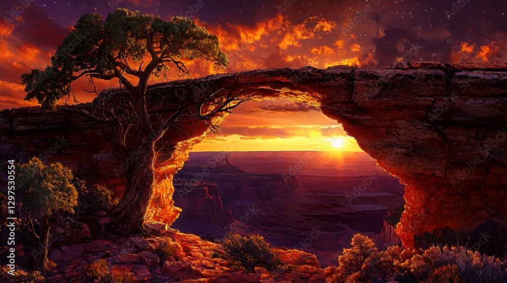 Fototapeta premium Sunset Over Canyon Arch with Silhouette Tree