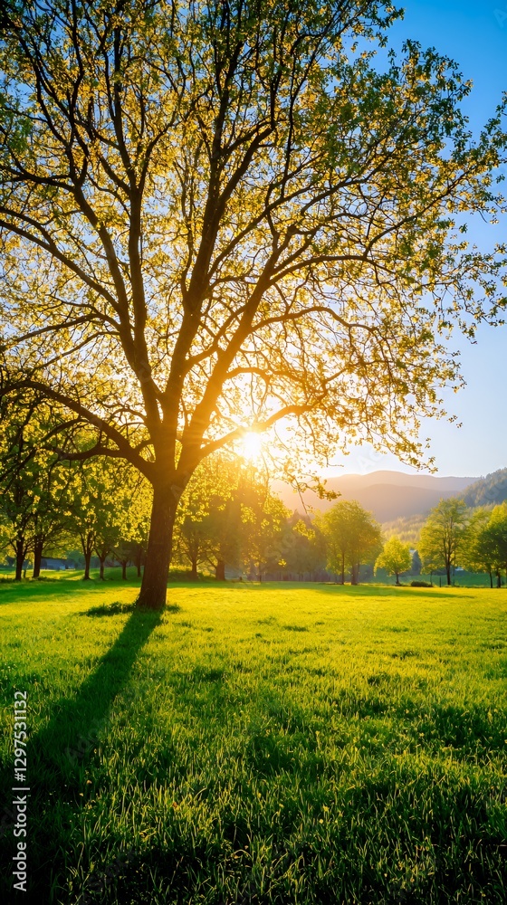 Fototapeta premium Sunset Over Green Field with Large Tree