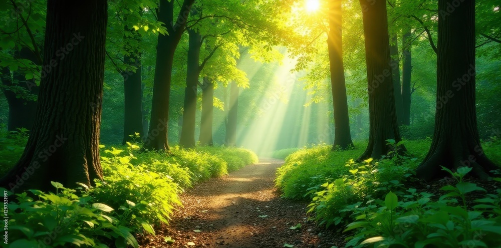 Obraz premium Sun-dappled path winds through lush green forest, sunlight filtering through leaves , peaceful, fern
