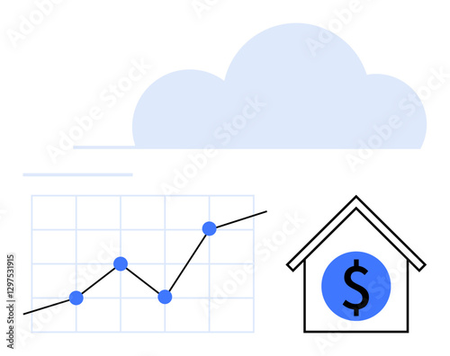 Line chart with upward trend beside cloud and house with dollar sign. Ideal for finance, analytics, investment, housing market, savings, budgeting, economic growth. Abstract line flat metaphor