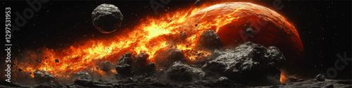 Stunning Cosmic Vector Illustration of a Burning Planet in Space with Asteroids and Fiery Explosion - Perfect for Sci-Fi, Astronomy, and Space Art Lovers
