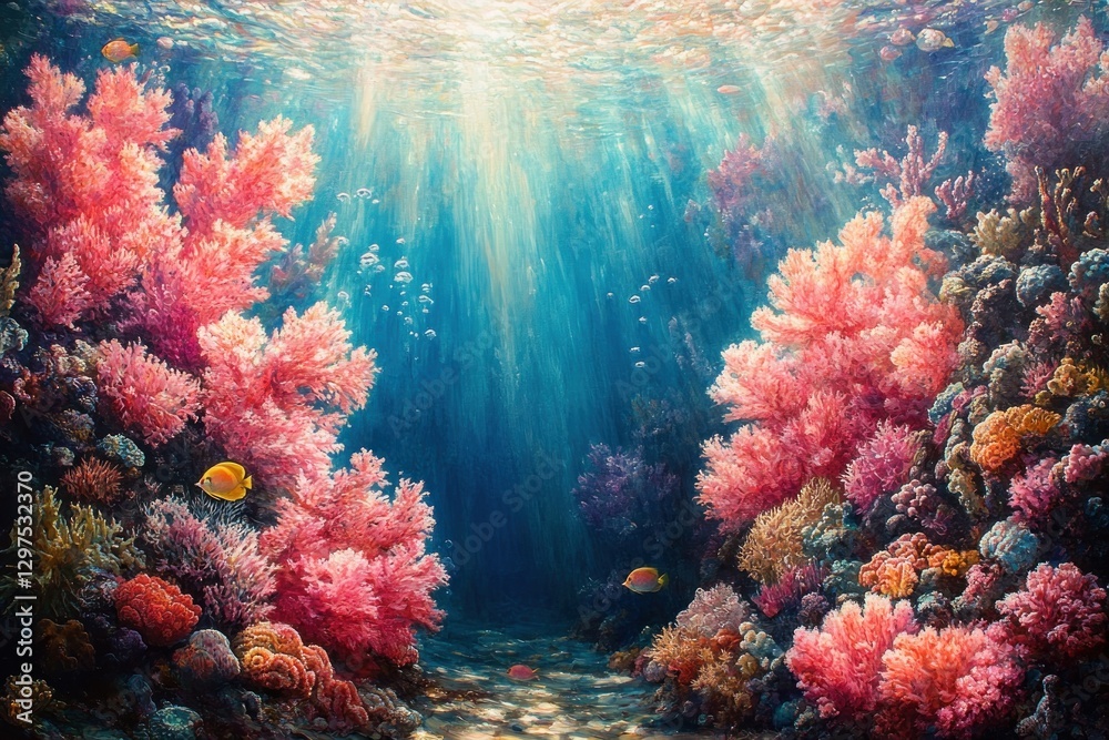 Naklejka premium Vibrant Underwater Coral Reef with Colorful Tropical Fish and School of Marine Life in Thailand