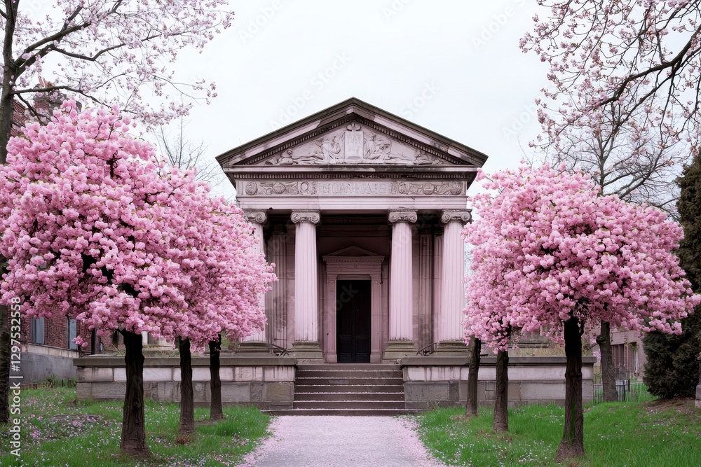 A beautiful historical building framed by vibrant pink cherry blossom trees, creating a serene and picturesque scene in spring. A beautiful historical building framed by vibrant pink cherry blossom trees, creating a serene and picturesque scene in spring.