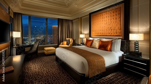 Luxurious hotel room with modern decor, panoramic city view, plush bedding, and elegant lighting in evening ambiance