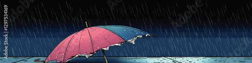 Colorful Pink and Blue Umbrella on Rainy Street Vector Art Depicting Stormy Weather Mood with Raindrops and Wet Pavement Reflection in Vibrant Illustration