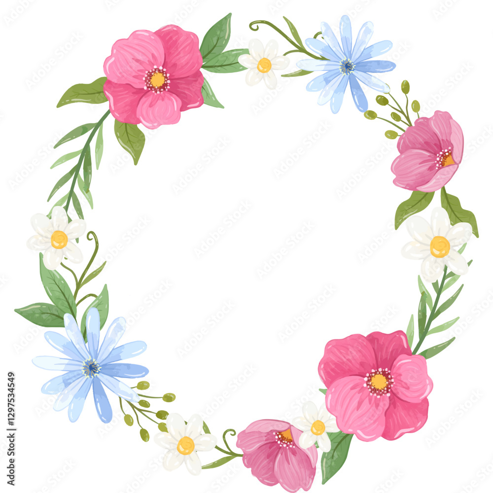 A vibrant watercolor wreath with daisies and bluebells, ideal for brightening any celebration A vibrant watercolor wreath with daisies and bluebells, ideal for brightening any celebration