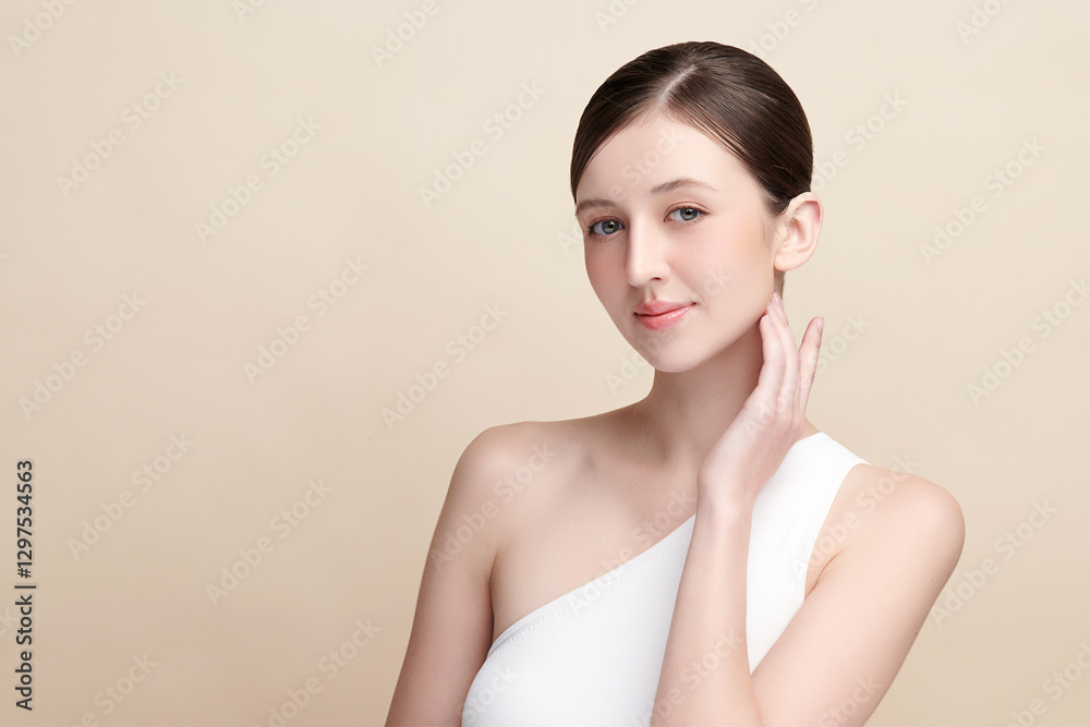 Beautiful young woman with clean fresh skin on beige background, Face care, Facial treatment, Cosmetology, beauty and spa, women portrait. Beautiful young woman with clean fresh skin on beige background, Face care, Facial treatment, Cosmetology, beauty and spa, women portrait.