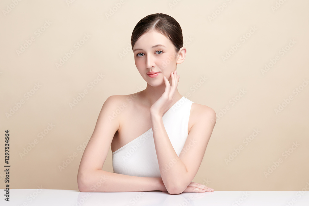 Beautiful young woman with clean fresh skin on beige background, Face care, Facial treatment, Cosmetology, beauty and spa, women portrait. Beautiful young woman with clean fresh skin on beige background, Face care, Facial treatment, Cosmetology, beauty and spa, women portrait.