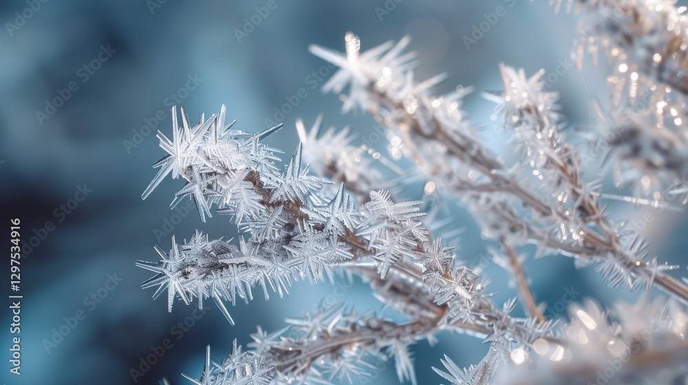 A mesmerizing close-up of a branch covered in intricate frost formations, sparkling in the cold winter air. The delicate ice crystals A mesmerizing close-up of a branch covered in intricate frost formations, sparkling in the cold winter air. The delicate ice crystals