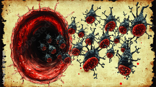 Realistic Vector Illustration of Bacteria Invading Blood Vessel: Microbiology, Pathogen Spread, Infection Process, and Cellular Interaction Art