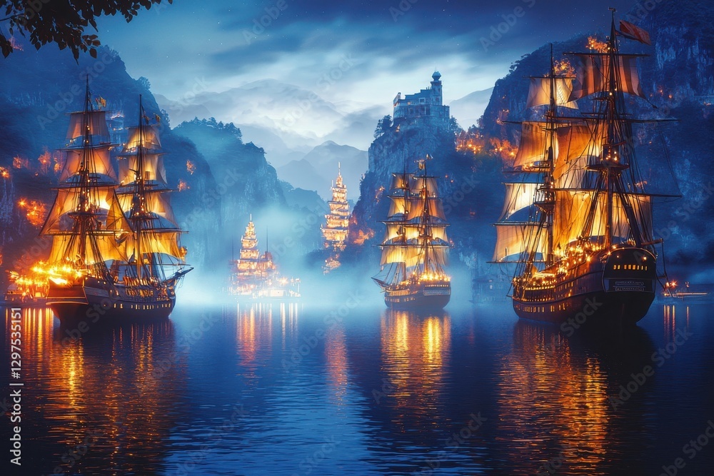 custom made wallpaper toronto digitalA serene scene featuring majestic ships illuminated against a misty backdrop, capturing the essence of adventure and exploration on tranquil waters.