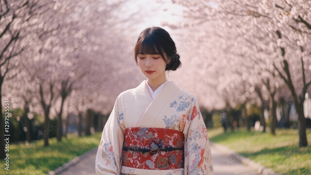 Serene Beauty in Sakura Blossoms: A Japanese Woman in Kimono Serene Beauty in Sakura Blossoms: A Japanese Woman in Kimono
