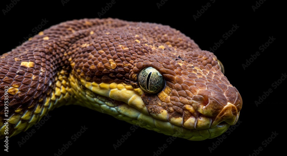 Close-up of a brown and yellow snake head with detailed scales, wildlife photography, dark background Close-up of a brown and yellow snake head with detailed scales, wildlife photography, dark background