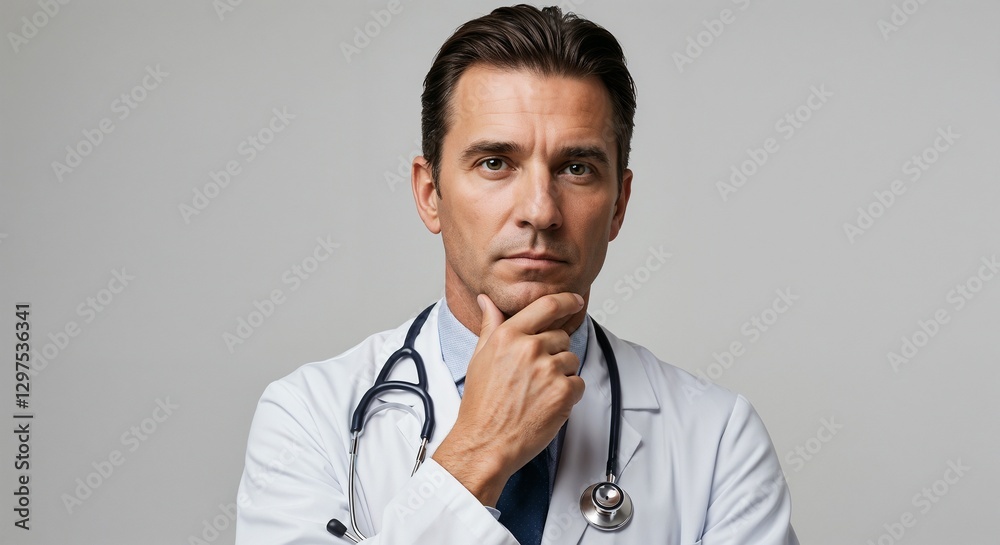 Thoughtful male doctor in a white coat with a stethoscope, medical professional, serious expression Thoughtful male doctor in a white coat with a stethoscope, medical professional, serious expression