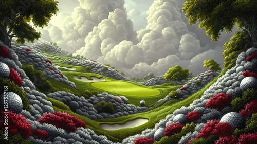 Captivating Vector Landscape of Golf Course Surrounded by Lush Hills, Trees, and Dense Clouds at Sunrise – Perfect Nature and Sports Themed Illustration