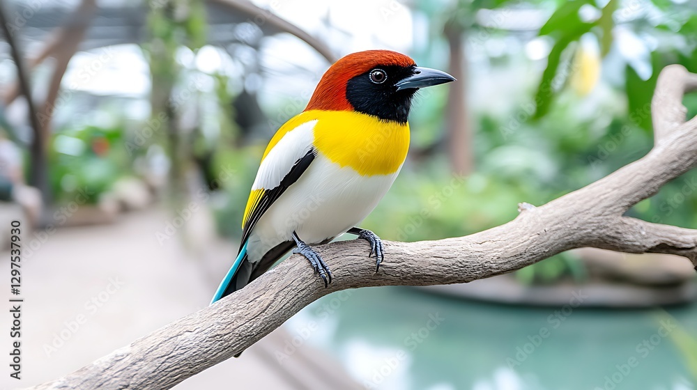 Naklejka premium Vibrant Tropical Bird Perched on Branch Exotic Avian Wildlife Colorful Feathers