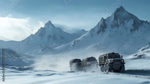 Military convoy in winter mountains, vehicle driving in snow landscape