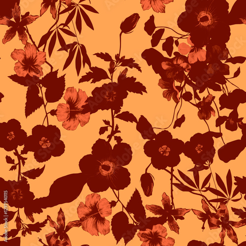 Tropical pattern, floral, leaves. Digital print in Repeat (rapport), Resolution 300 DPI, ideal for fashion, decoration and stationery.