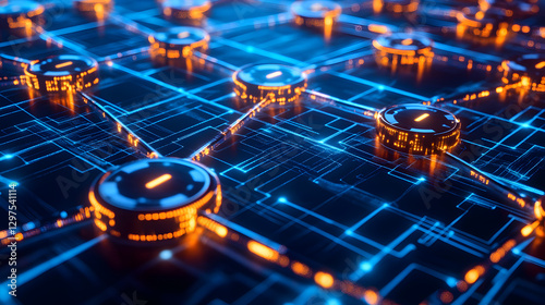 with multiple layers of encrypted data blocks and dynamic glowing lines 