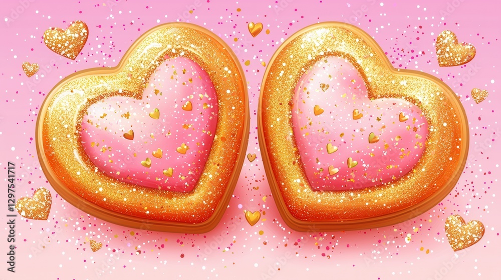 Gold Glitter Heart Cookies On Pink Backgrounds Description Of Food Treats On A Pink Background With Gold Glitter Heart Cookies On Pink Backgrounds Description Of Food Treats On A Pink Background With