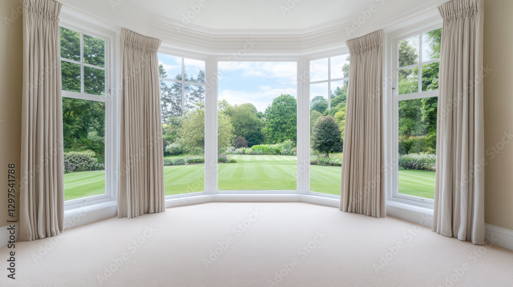 Bright bay window with textured linen curtains overlooking lush garden. serene view creates peaceful atmosphere Bright bay window with textured linen curtains overlooking lush garden. serene view creates peaceful atmosphere