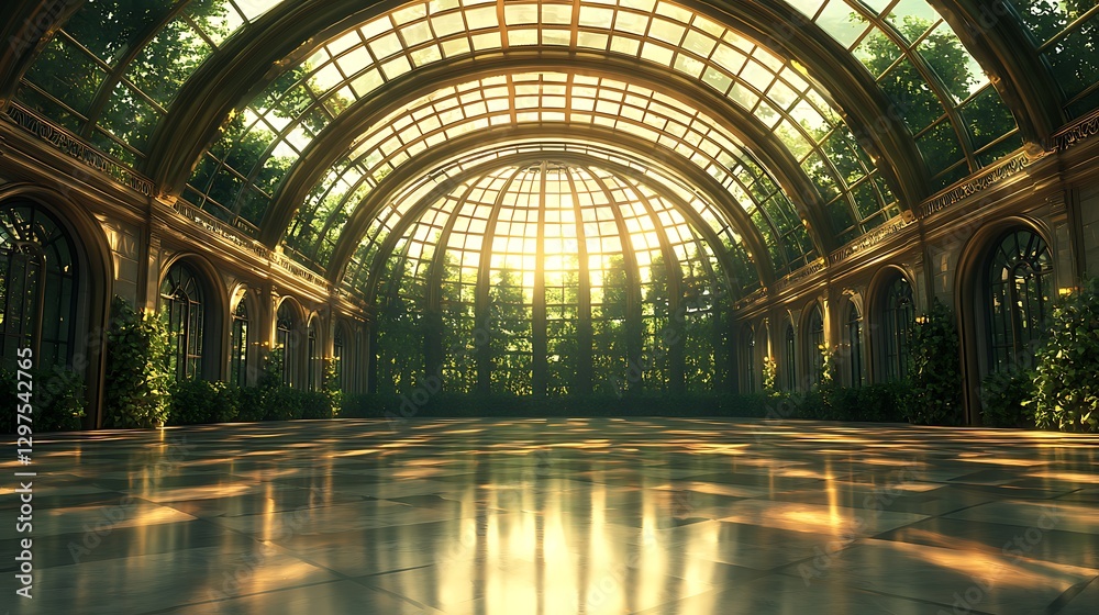 Naklejka premium Sunlit conservatory elegance botanical garden interior photography serene atmosphere wide angle nature's beauty