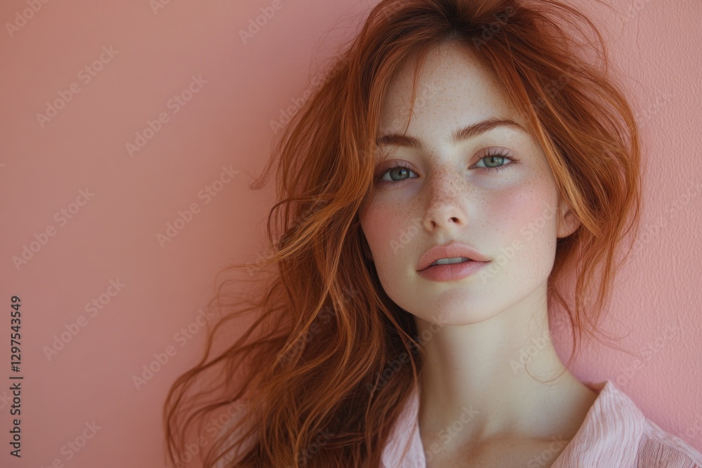 Portrait of Beautiful Woman with Auburn Hair in Elegant Jewelry Against Pink Background Portrait of Beautiful Woman with Auburn Hair in Elegant Jewelry Against Pink Background