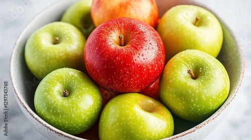 Red and green apples in bowl, kitchen counter photo