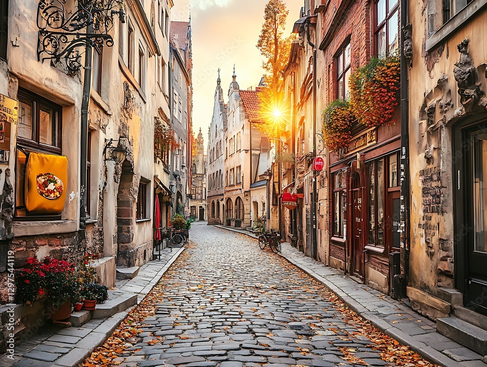 Fototapeta premium Cobblestone street sunset in old European city